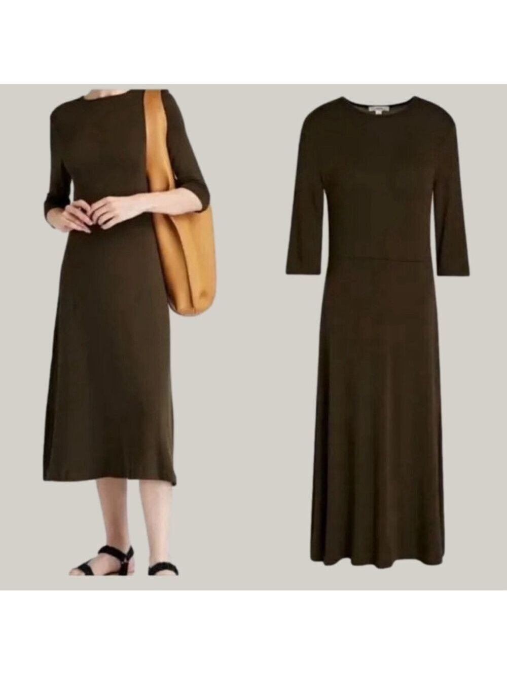 VINCE | Army Green Stretch Elbow Sleeve Jersey Midi Dress Small